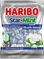 Close up view of the unique star shaped sugar coated dragée mints from Haribo France