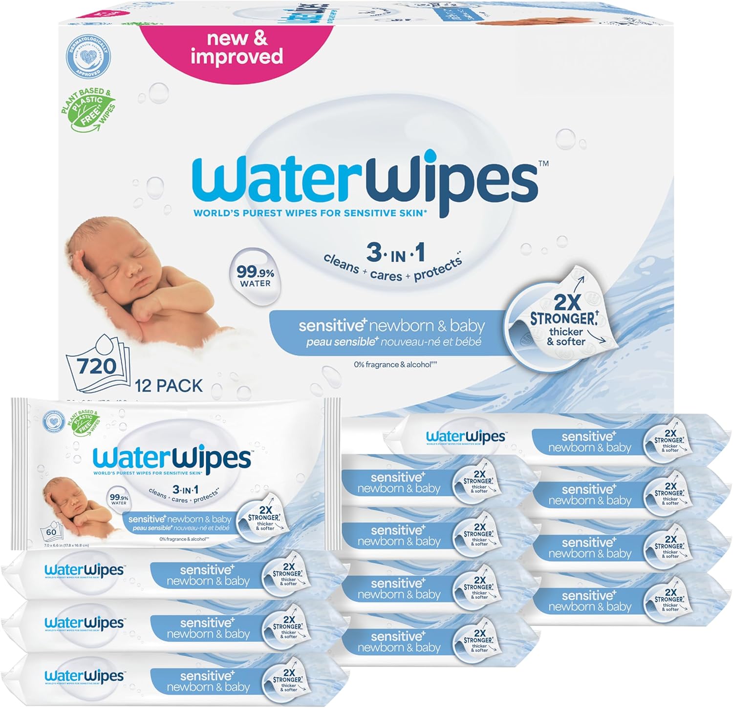 WaterWipes Sensitive+ Newborn & Baby Wipes, 3-In-1 Cleans, Cares, Protects, 99.9% Water, Unscented & Hypoallergenic, 720 Count (12 Packs) - Image 1