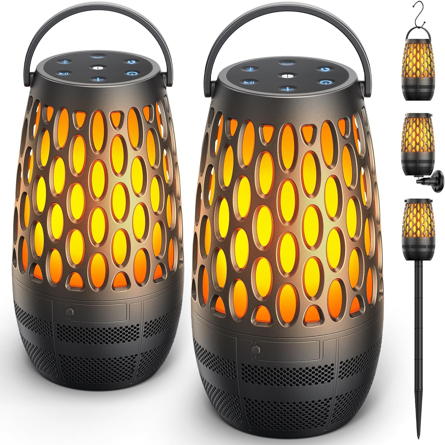 Hesontec outdoor bluetooth speaker front view showing flickering LED flame light effect on a patio table.