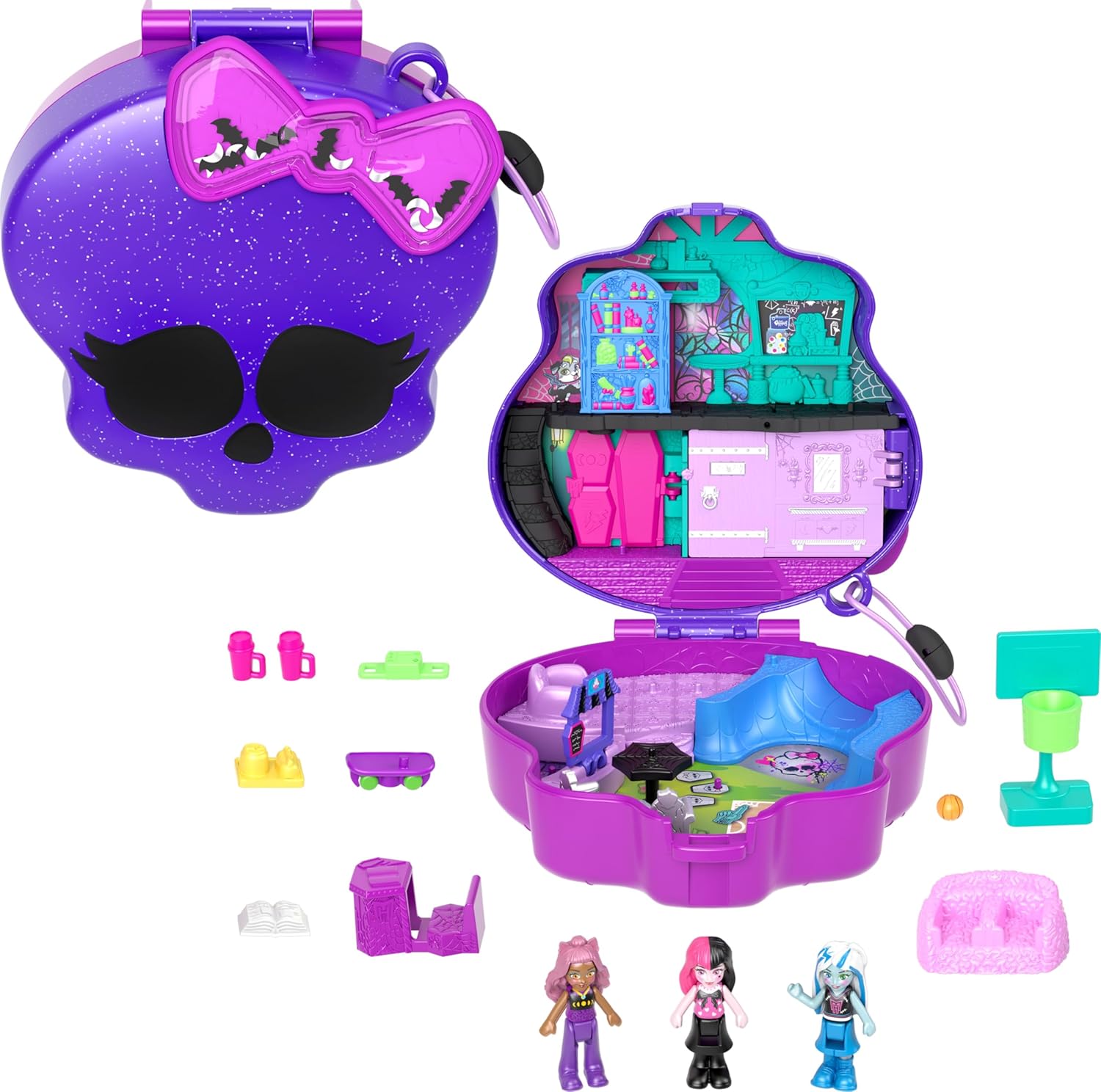 Polly Pocket Monster High Playset front view of closed purple skullet compact with glitter bow