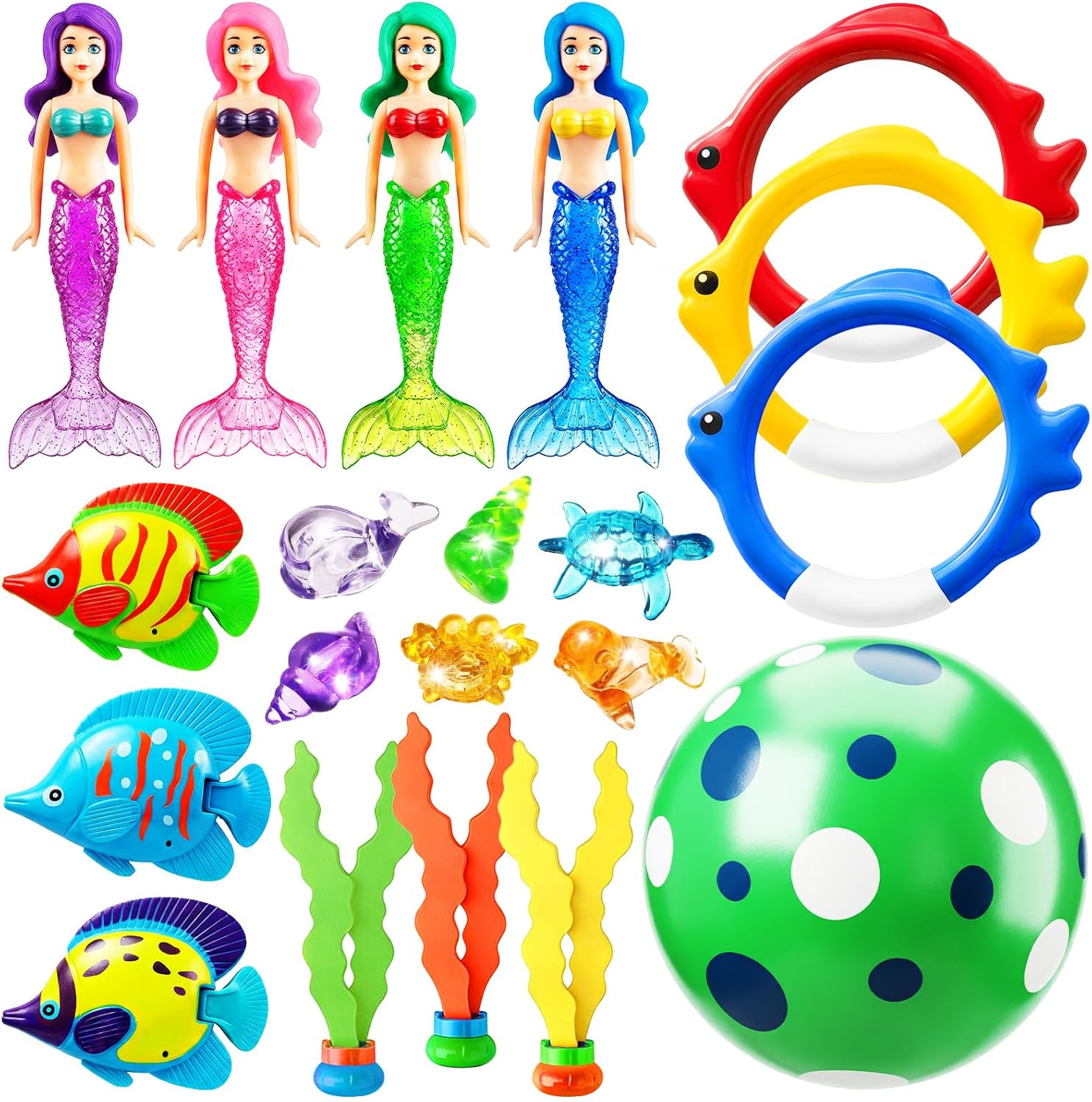 Jasonwell pool diving toys twenty piece mermaid set packaging front view demonstrating colorful underwater swimming training items.