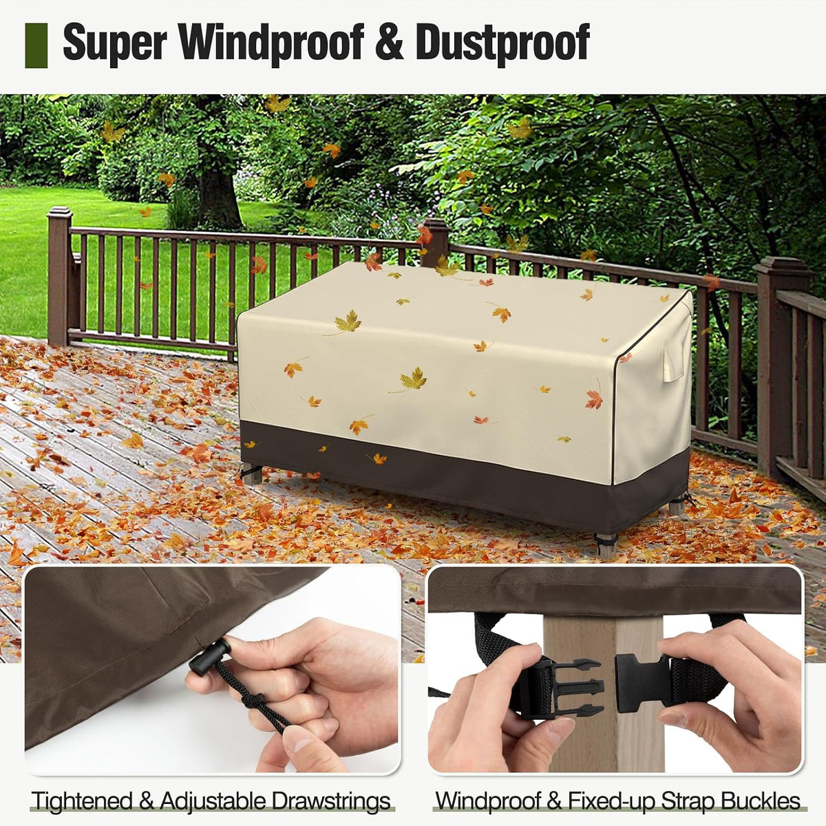 MR. COVER patio furniture cover showcasing click-close buckles and bottom drawstrings