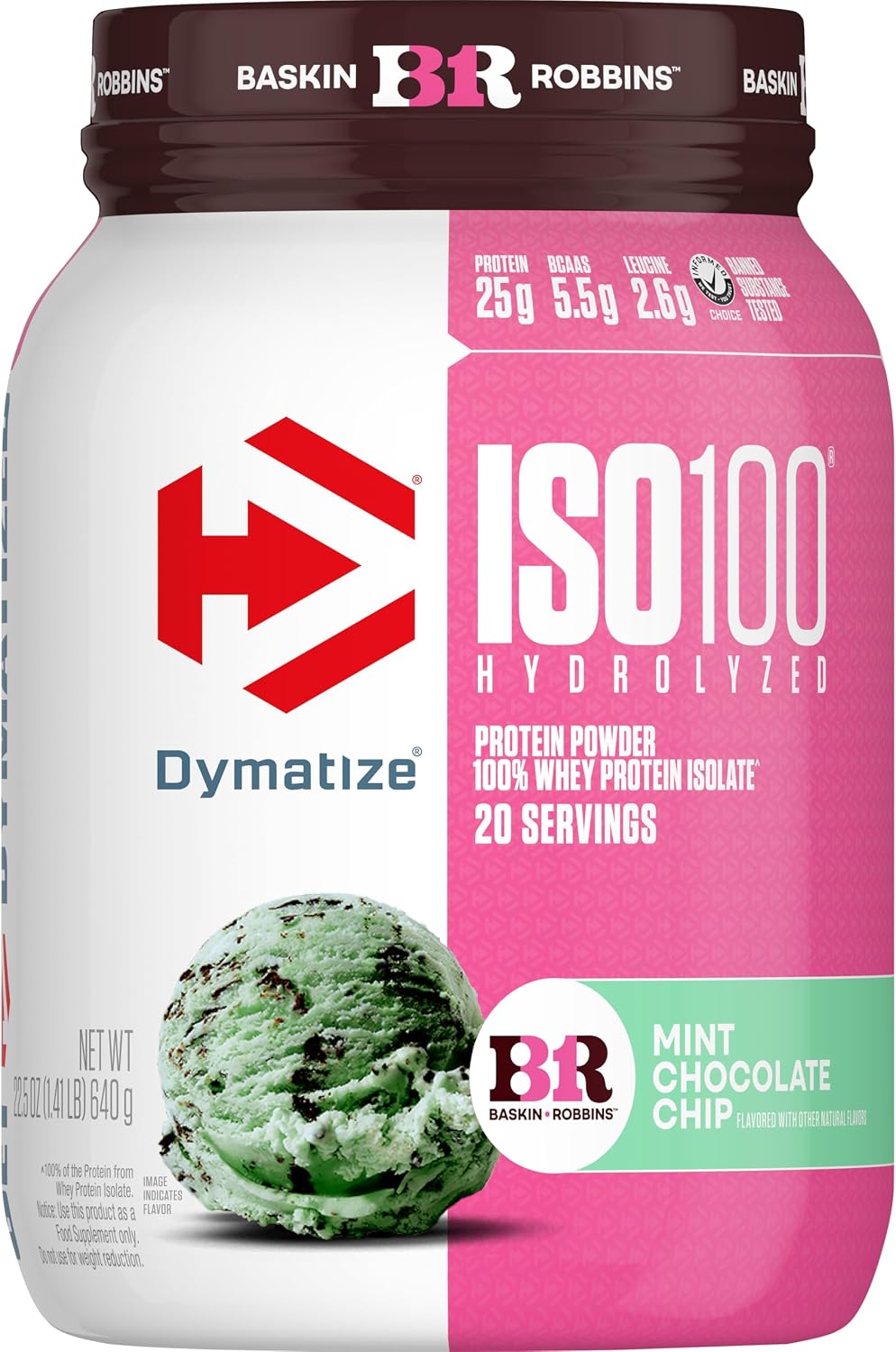 Dymatize ISO100 Mint Chocolate Chip protein powder front view