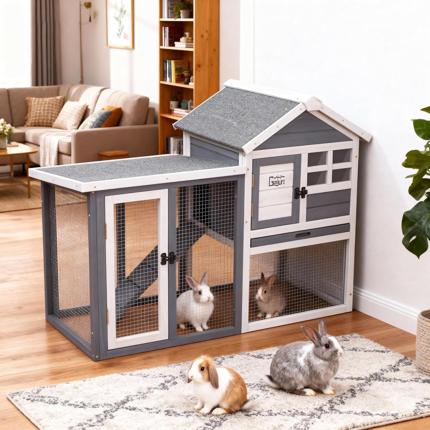 GEGURI Large Rabbit Hutch Indoor Outdoor Chicken Coop Wooden Bunny Cage with Waterproof Roof (48''L x 24''W x 36''H Grey) - Image 1