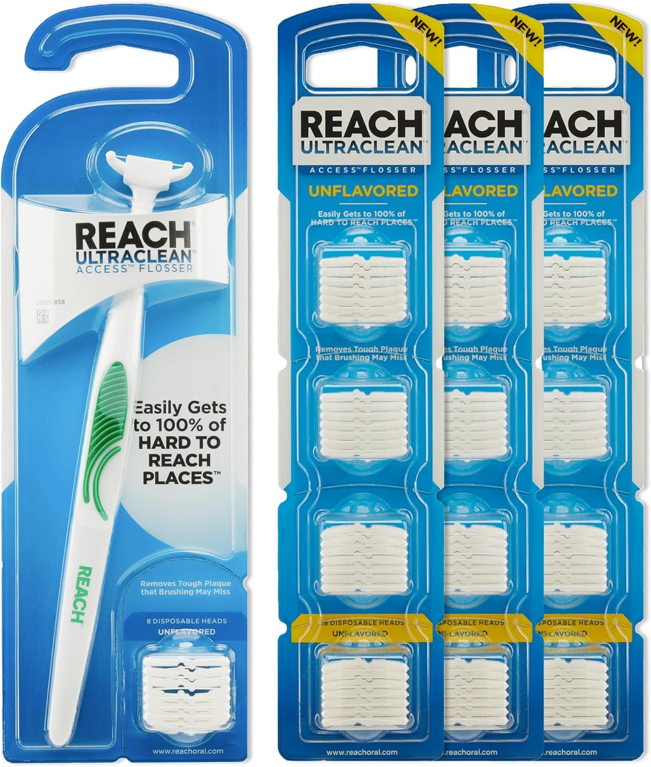 Reach Ultraclean Access Flosser Bundle, Unflavored, Plaque Remover for Teeth, for Hard to Reach Areas, Oral Care, PFAS-Free, 1 Flosser Starter Kit + 3 Packs Refill Heads - Image 1
