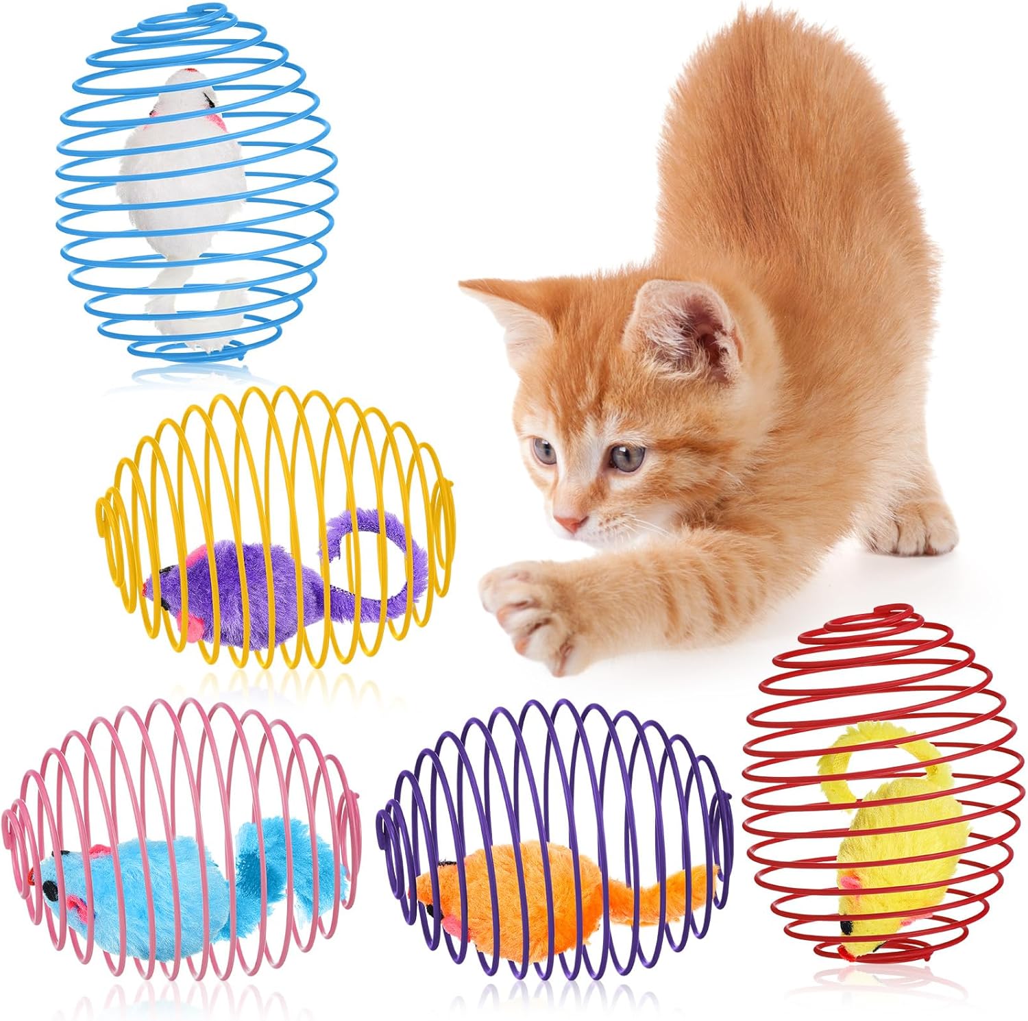Jecery cat spring balls front view showing five colorful coils with plush mice inside