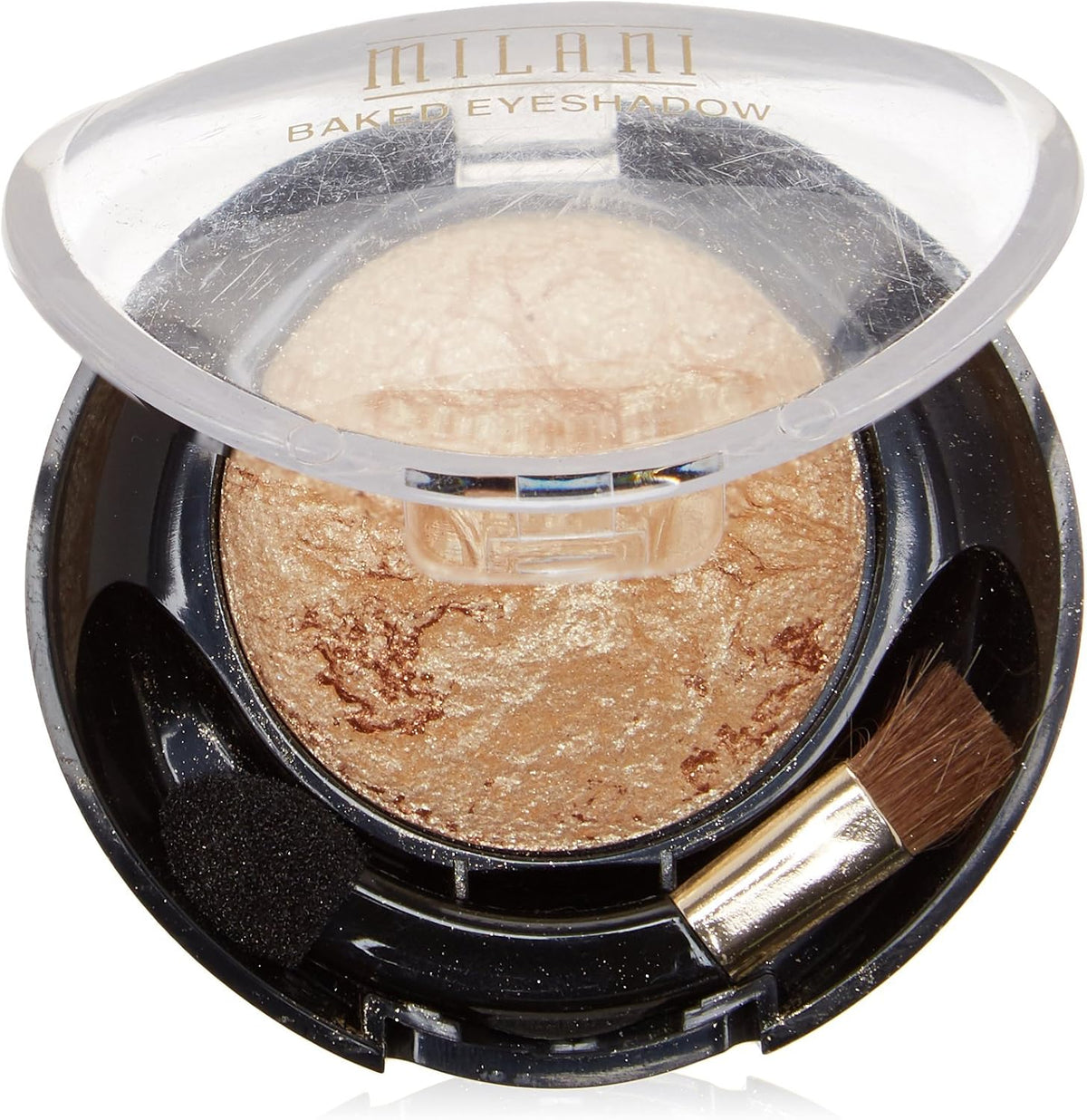 Milani Baked Shadow Drench In Gold 606 front view showing the compact container and marbleized golden powder formula.