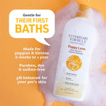 Back label of Veterinary Formula Puppy Love shampoo showing instructions