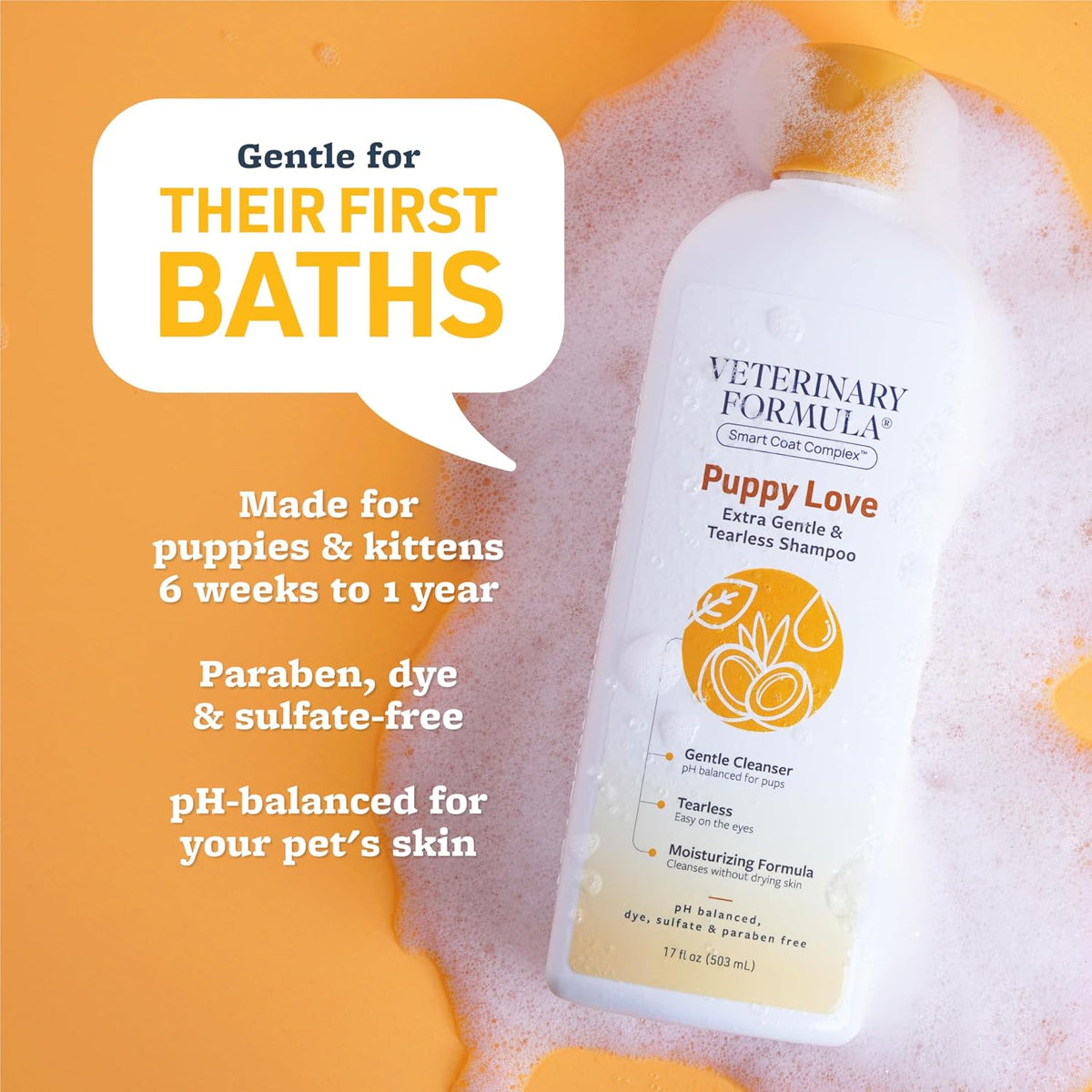 Back label of Veterinary Formula Puppy Love shampoo showing instructions