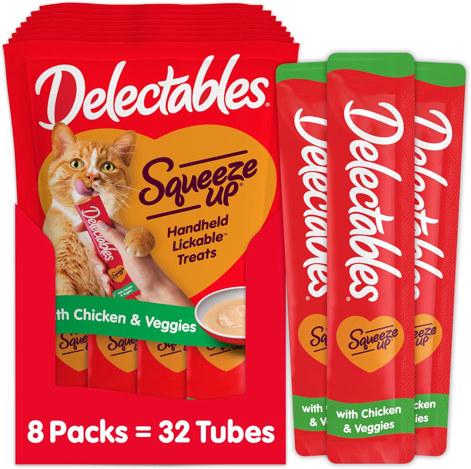 Delectables Squeeze Up chicken and veggie cat treat tubes front view