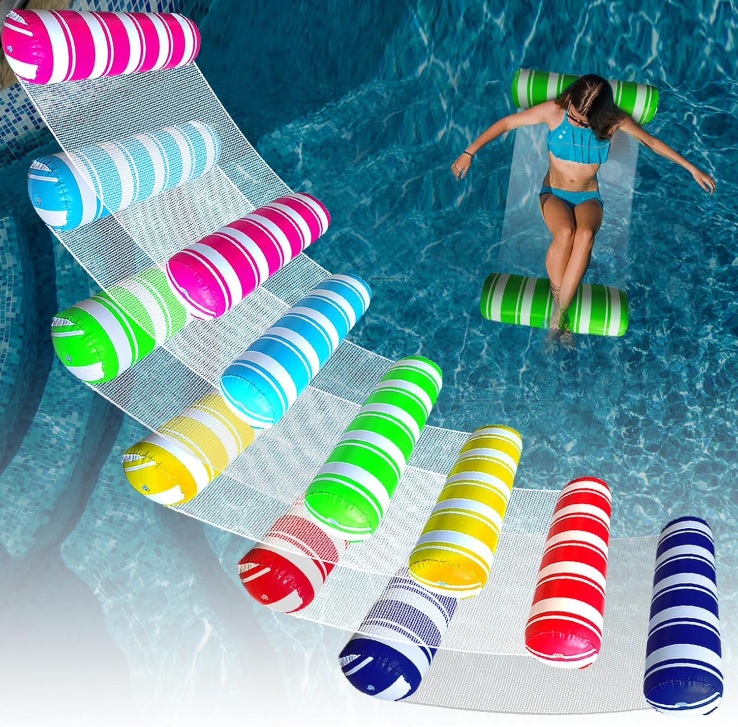 ANNIL 6 pack inflatable pool floats adult size water hammock front view displaying six colorful premium pool lounge chairs