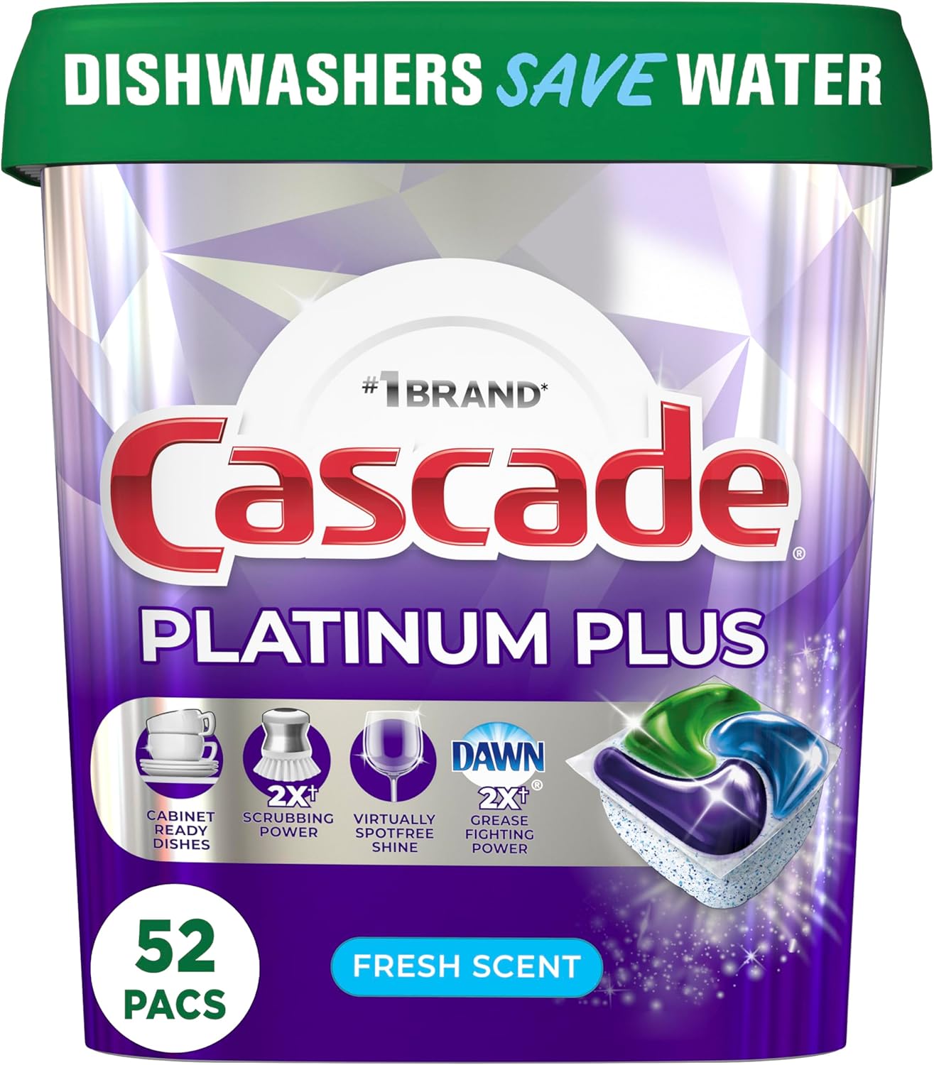 Cascade Platinum Plus Dishwasher Pod, Dish Detergent ActionPacs, Dishwasher Detergent, Fresh, 52 Count - Image 1