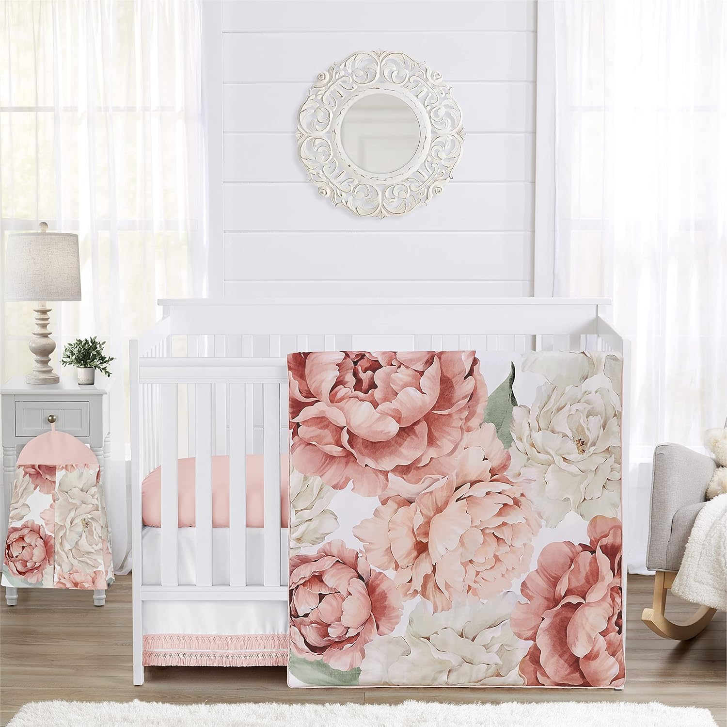 Sweet Jojo Designs Pink Boho Floral Baby Crib Bedding Set front view in a decorated nursery setup