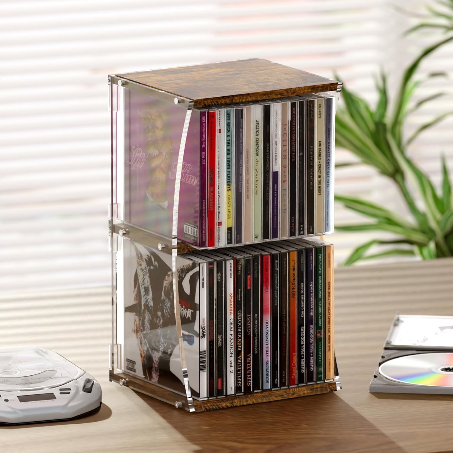 Alyoen 2 tier CD holder desk rack organizer front view showing compact disc storage