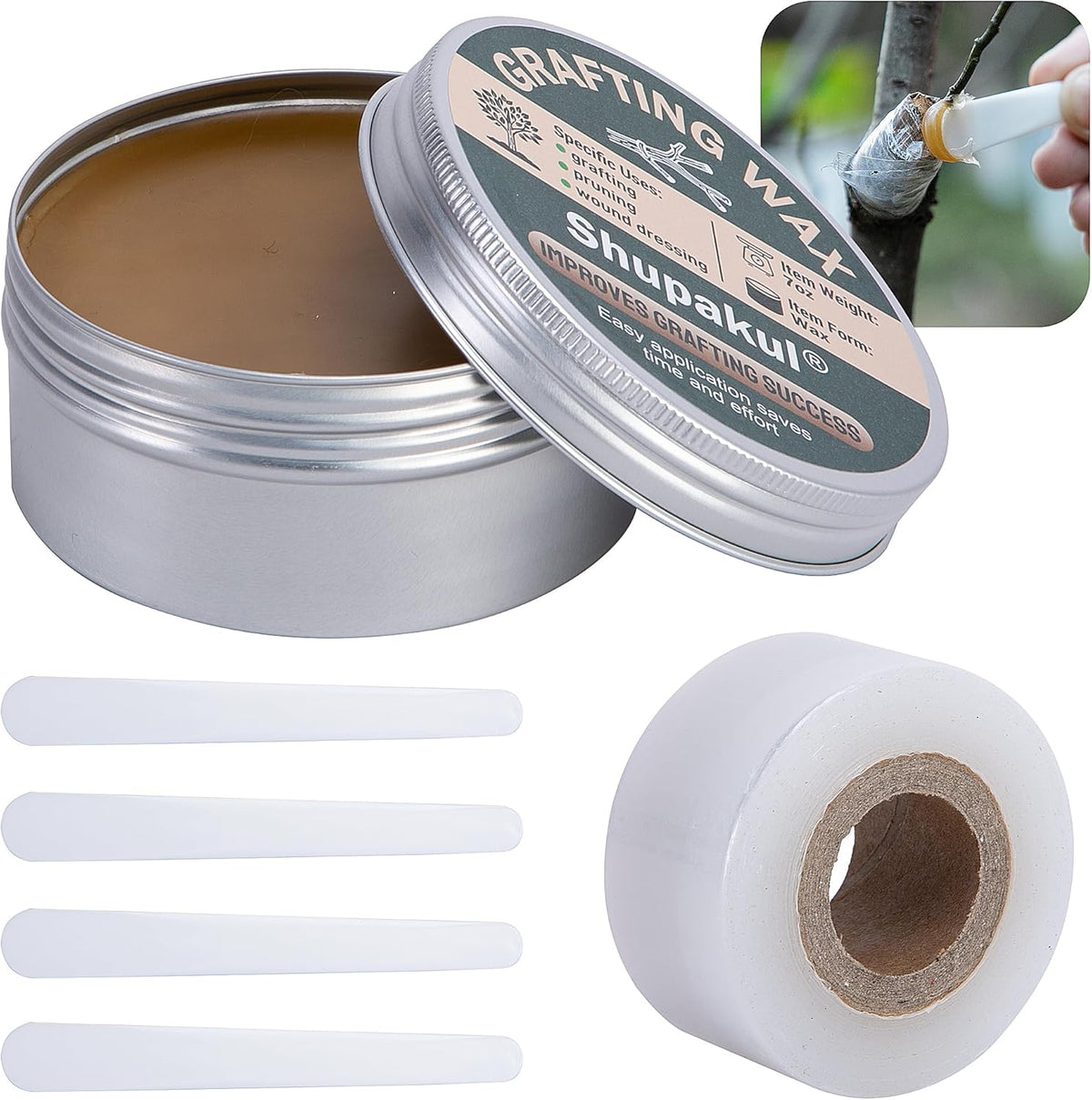 Shupakul Tree Grafting Wax Set in silver metal tin with accessories