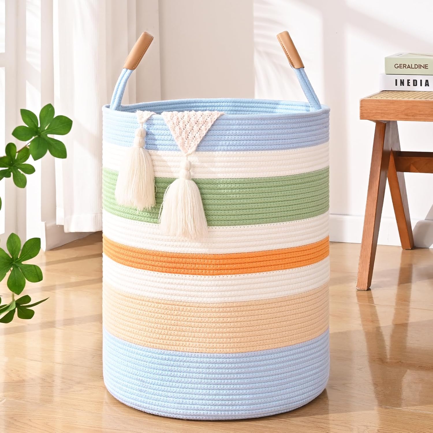 Artfeel 60 Litre striped rainbow laundry basket front view woven cotton rope storage hamper