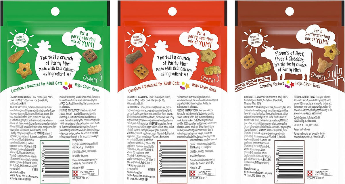 Friskies Party Mix Original Crunch pouch featuring real chicken liver and turkey flavors