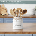 Vintage French country white ceramic utensil organizer on marble counter