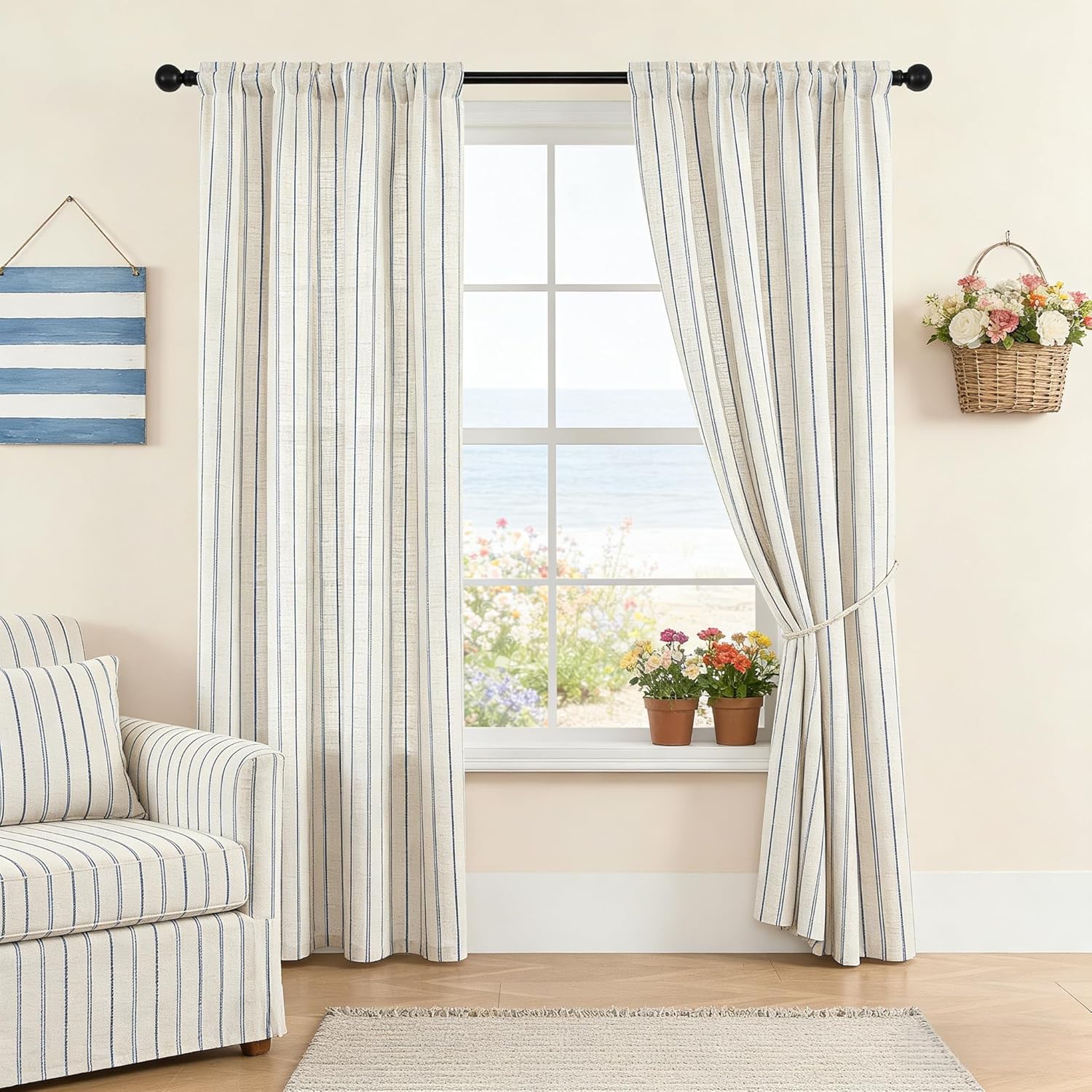 Gxi blue striped linen sheer curtains front view in a brightly lit modern farmhouse living room.