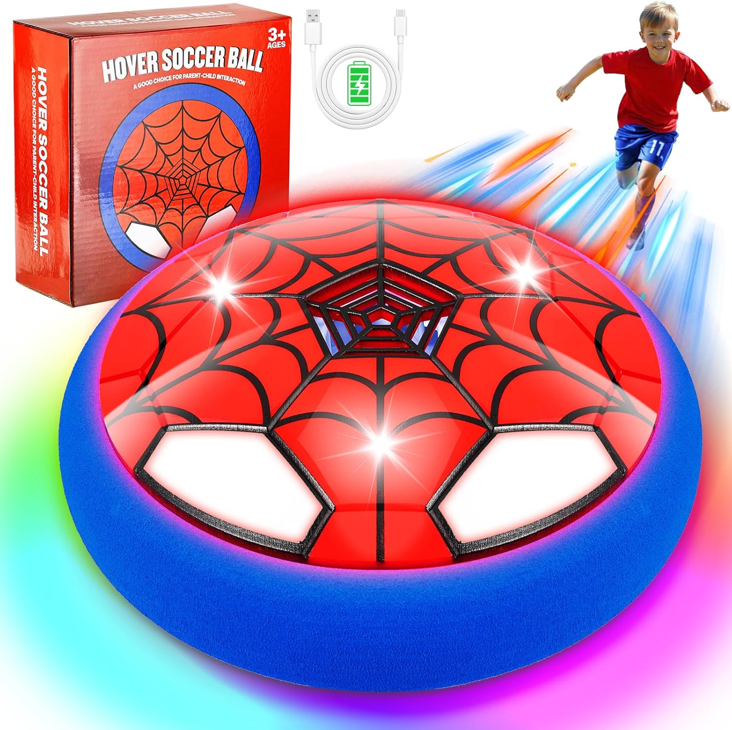 Popsvon indoor hover soccer ball front view showing red spider design and blue foam bumper