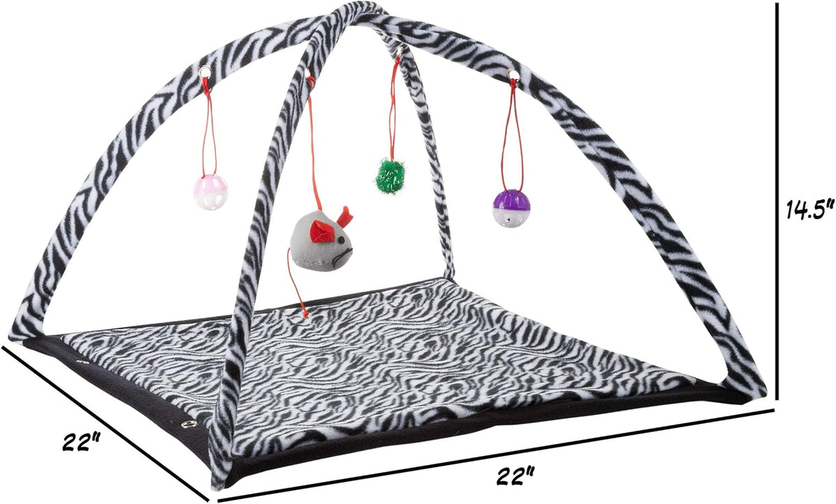 Petmaker interactive cat play mat showing a kitten playing with the hanging plush mouse.