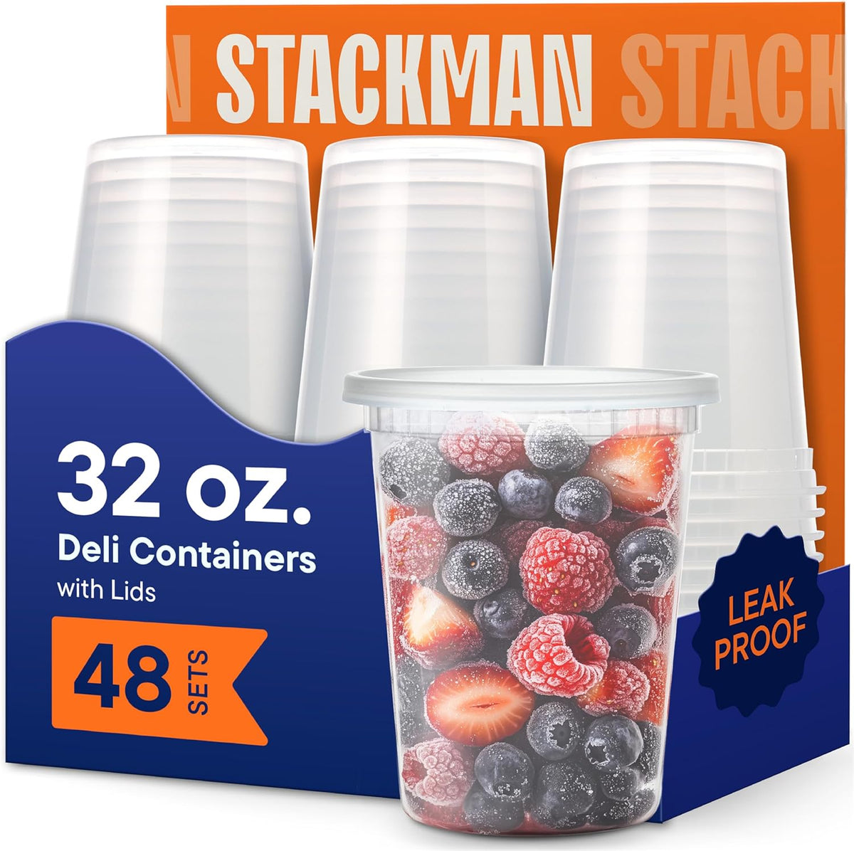 Stack Man 32 Ounce Deli Containers with Lids 48 Pack front view for airtight meal prep.