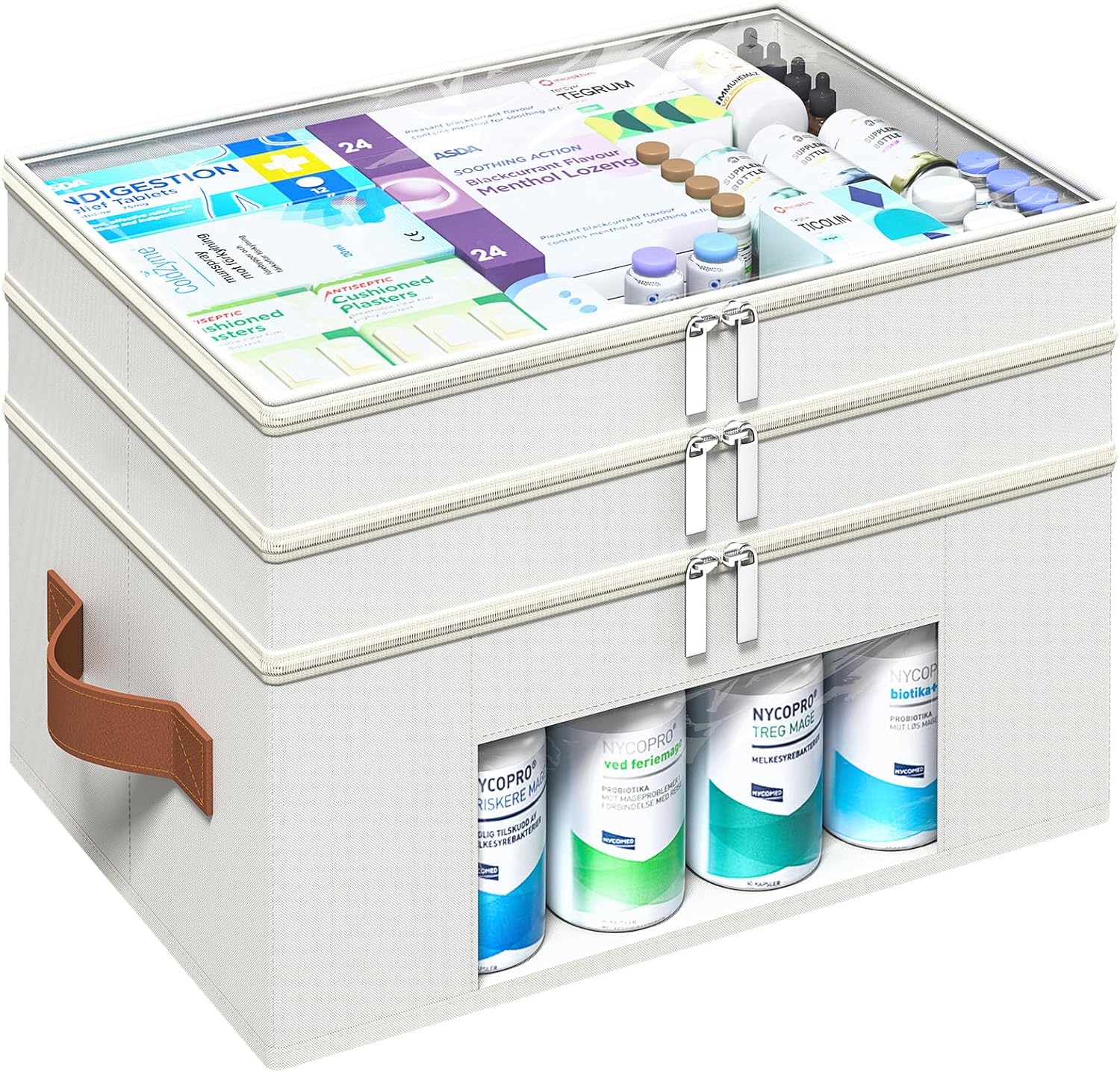 ISusaid 3-Tier Medicine Organizer front view showing the clear cover and leather handle for home medical storage.
