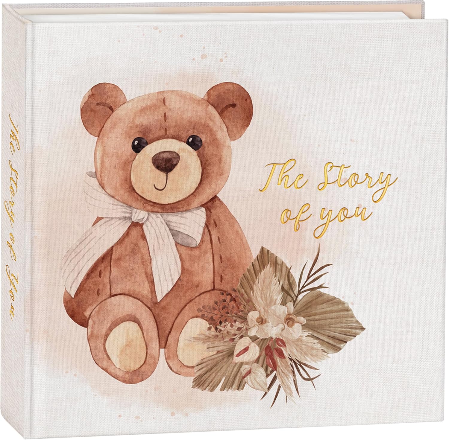 Generic elegant design baby memory book front view featuring watercolor teddy bear hardcover illustration.