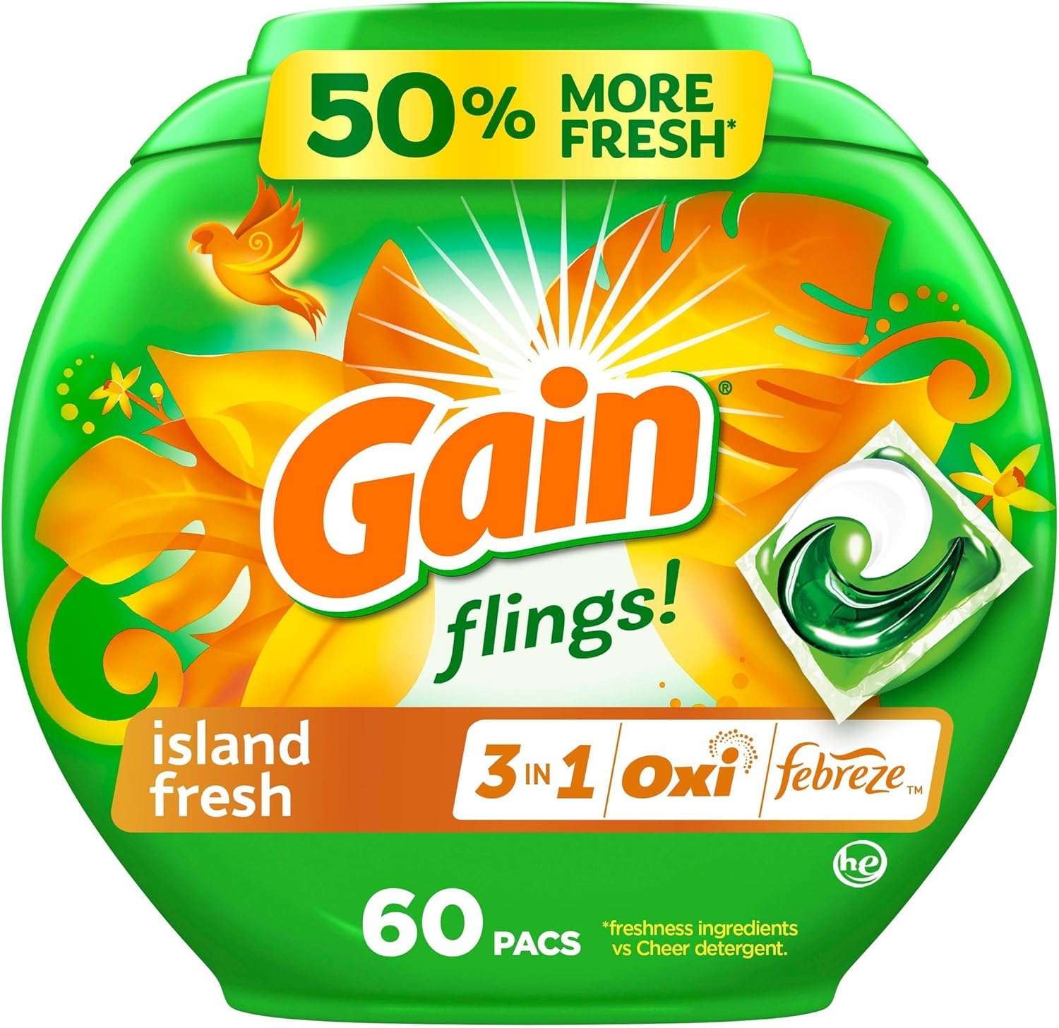 Gain Flings Laundry Detergent Pacs Island Fresh 60 Count front view concentrated pods