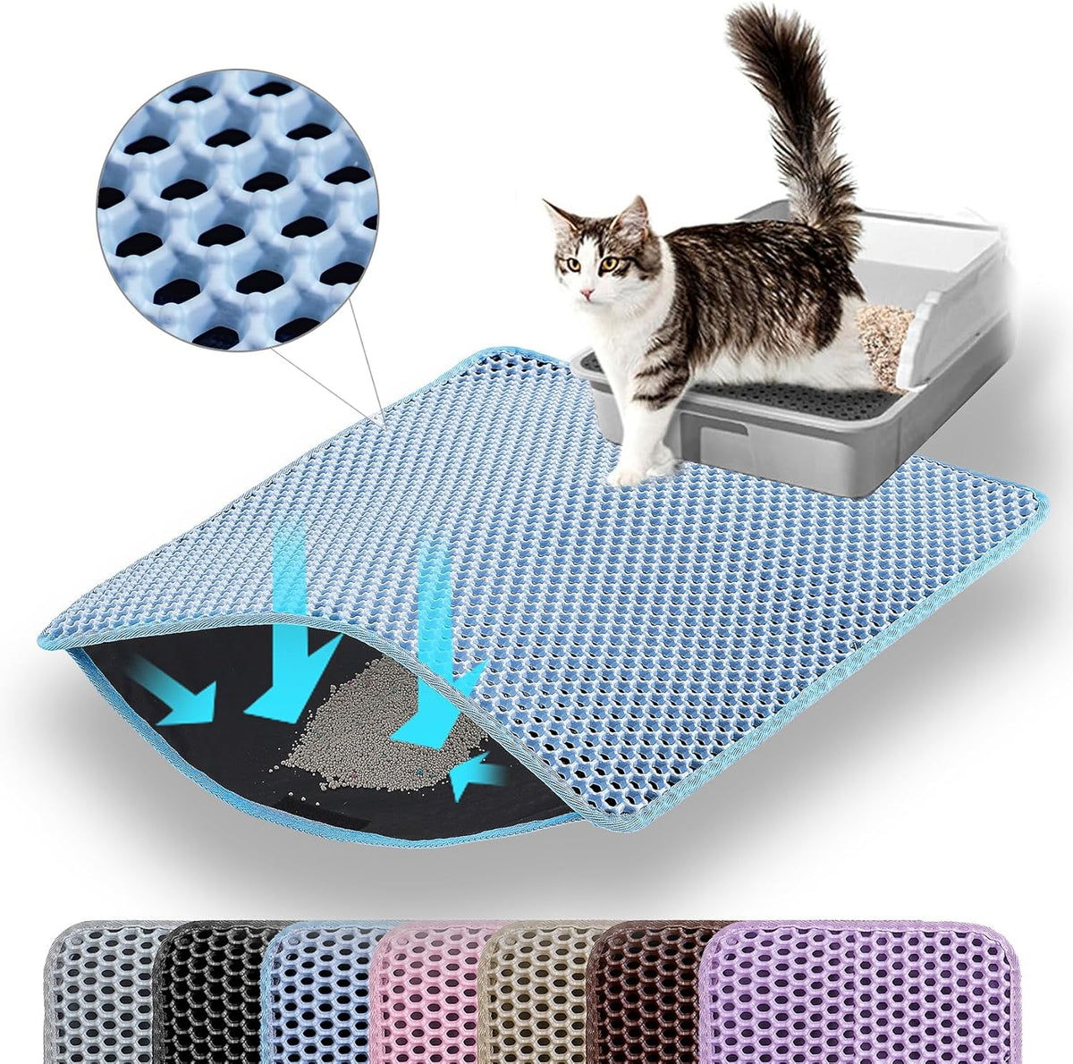Petinstinct cat litter mat front view showing blue honeycomb surface