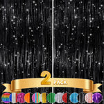 GCB black metallic tinsel foil fringe curtains front view hanging on a party wall backdrop