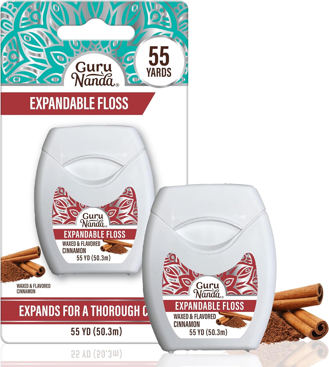 GuruNanda Expandable Waxed Dental Floss for Gentle, Deep Cleaning Wide Teeth Flossing - Cinnamon Flavor - 55 Yards - Image 1