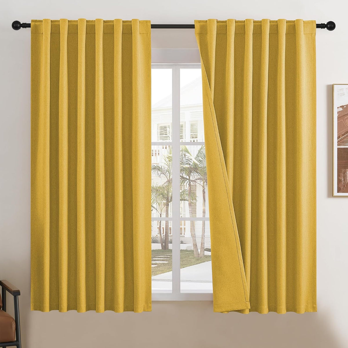 DUALIFE yellow linen blackout curtains front view
