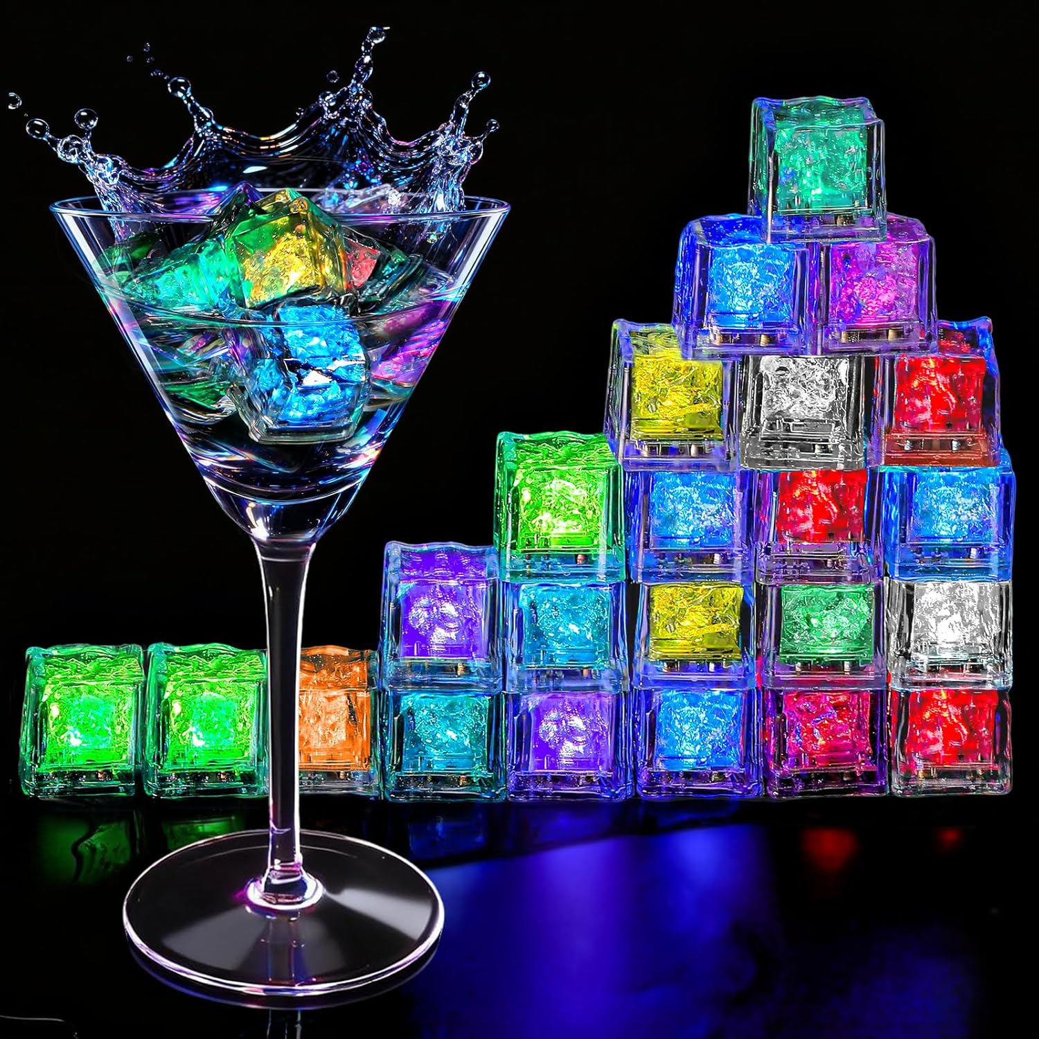 RowinsyDD 32 pack LED ice cubes front view for party drinks