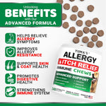 Close up of the back label detailing USA made dog allergy relief supplement ingredients.