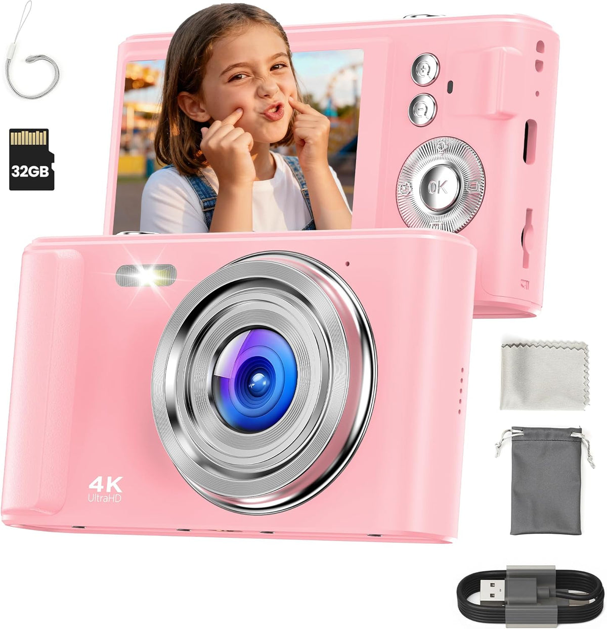 ZAZYZIA digital camera 4k for kids front view showing the pink compact lens design