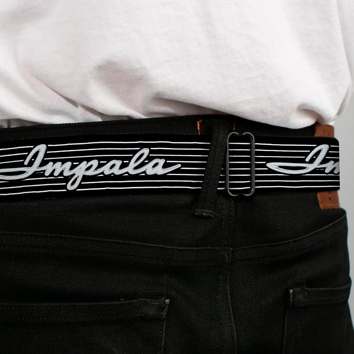 Full length view of multicolor 1.5 inch wide fashion belt