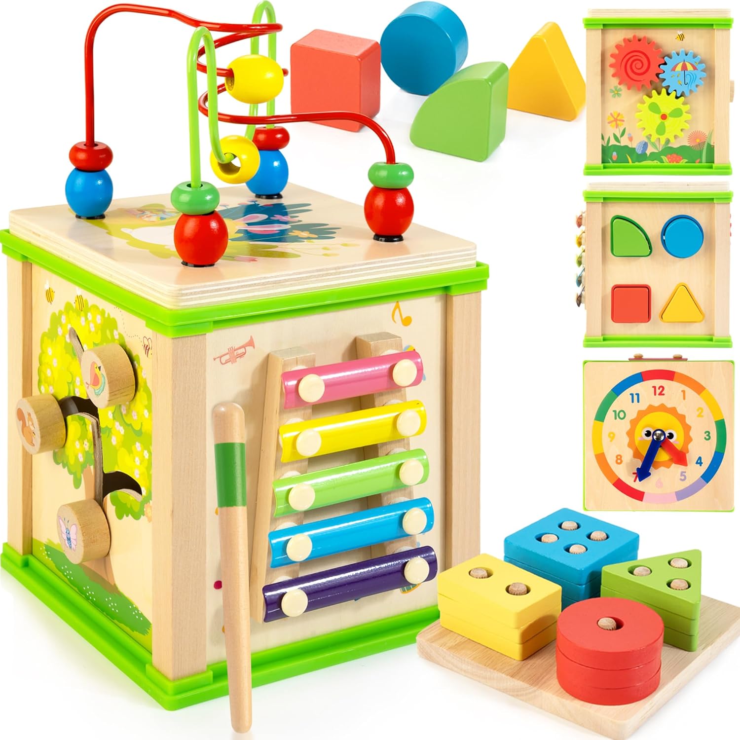 WOODMAM Wooden 7-in-1 Activity Cube front view featuring the colorful musical xylophone and shape sorter blocks.