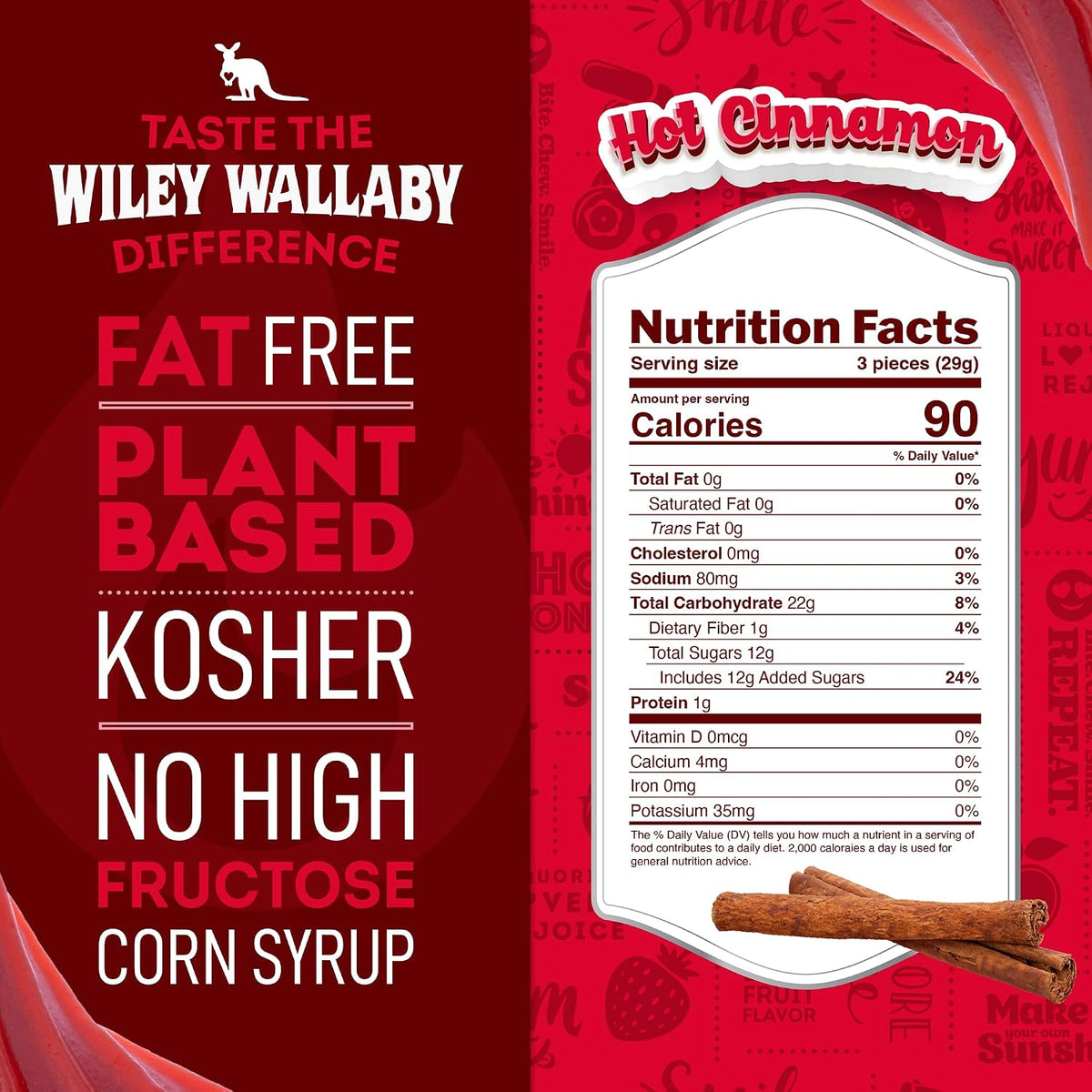 Wiley Wallaby soft and chewy hot cinnamon licorice candy bag showing nutritional highlights.
