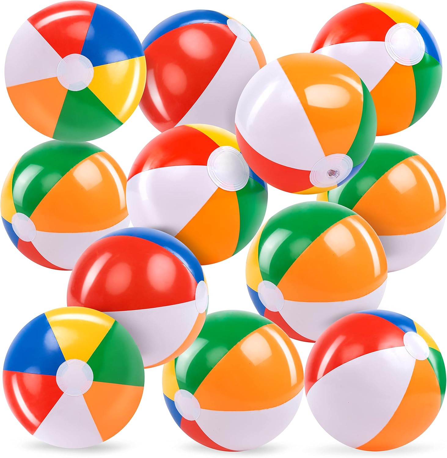JOYIN rainbow inflatable beach balls twelve pack front view showing vibrant six panel colors