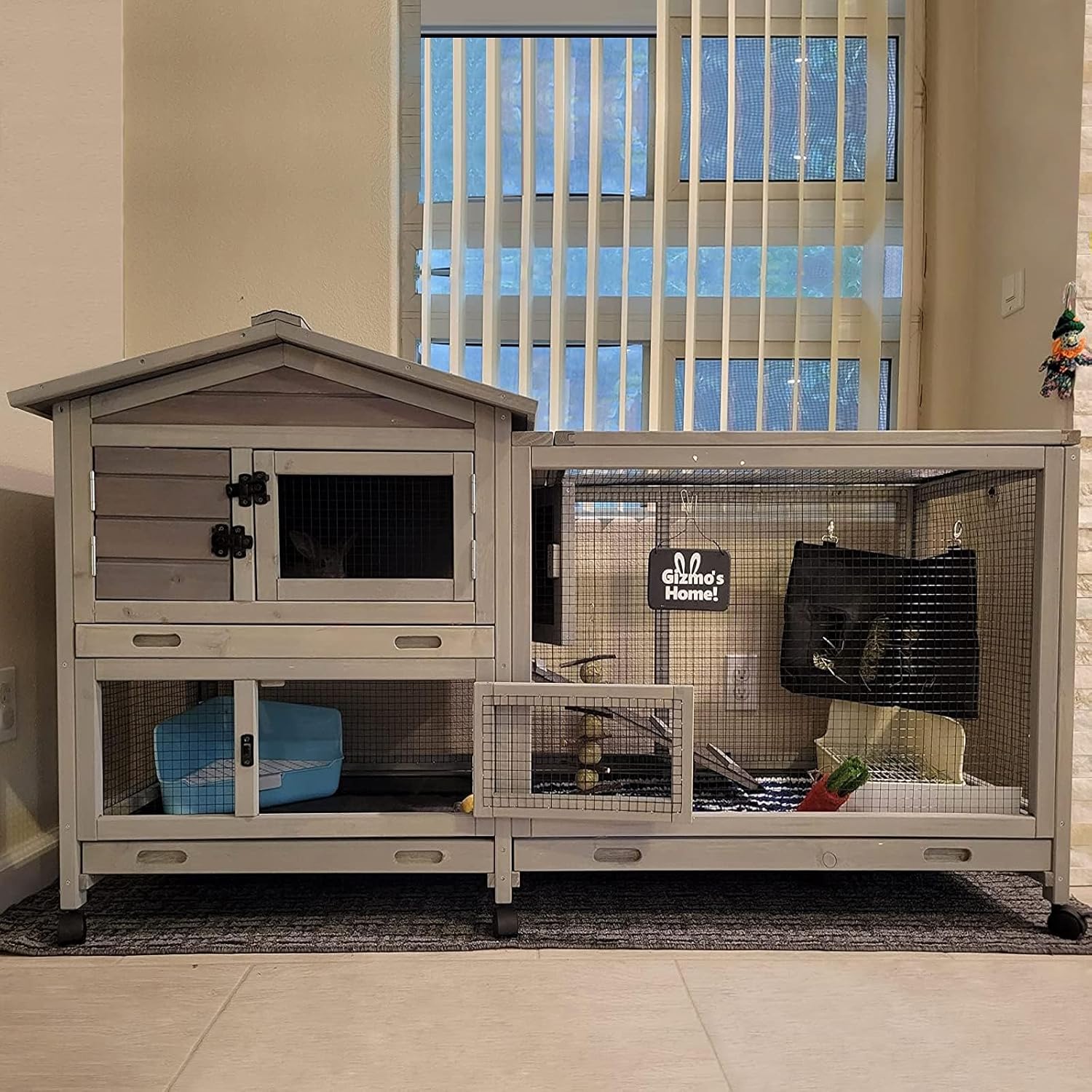 Bunny Cage Indoor and Outdoor Rabbit Hutch with Casters Waterproof Roof, Pull Out Tray from Back and Front 61.2" L x 22.6" W x 33.5" H - Image 1