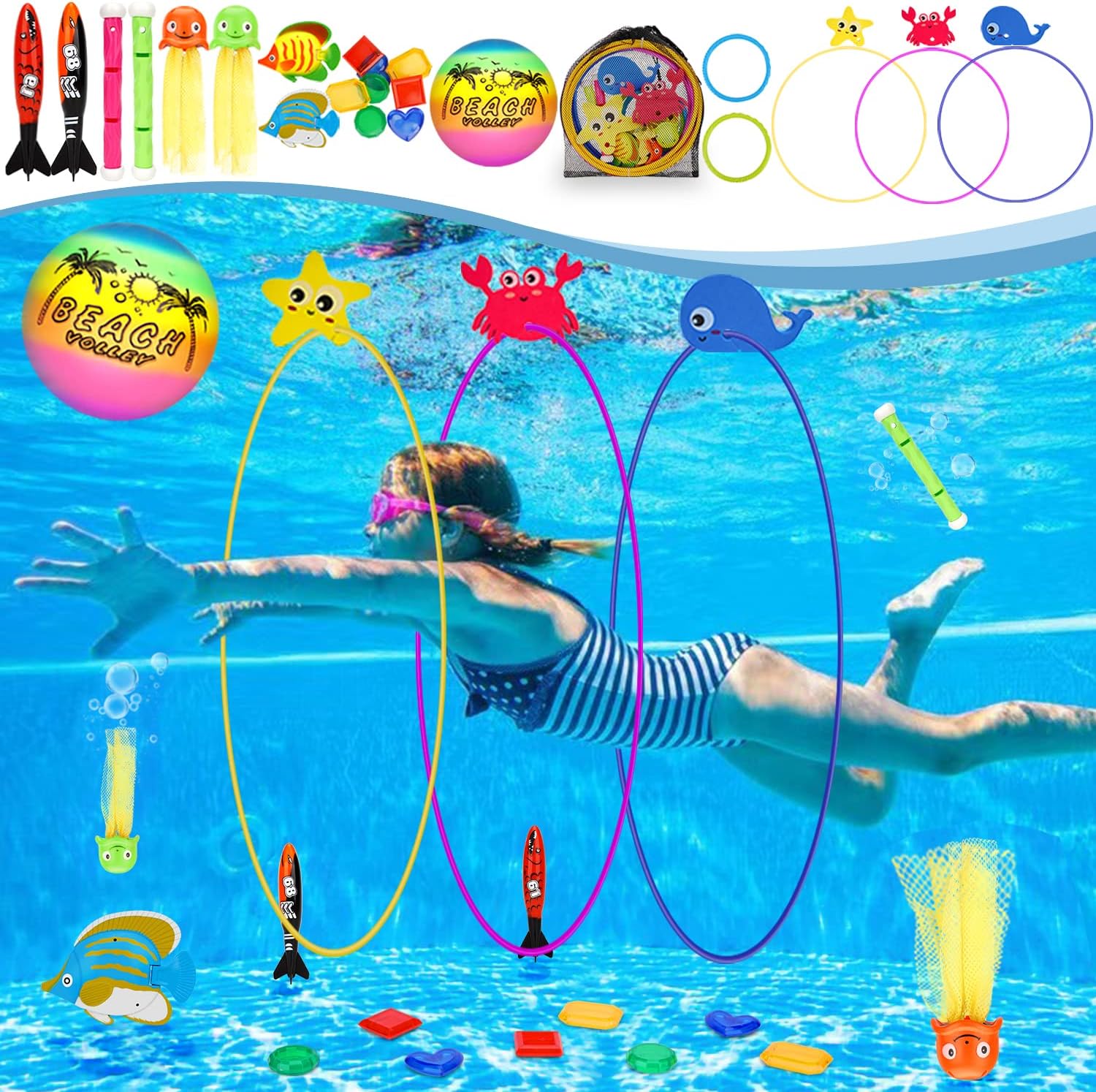 DAUXONE twenty-seven piece kids diving pool toys set arranged neatly in front view showcasing rings and sticks.