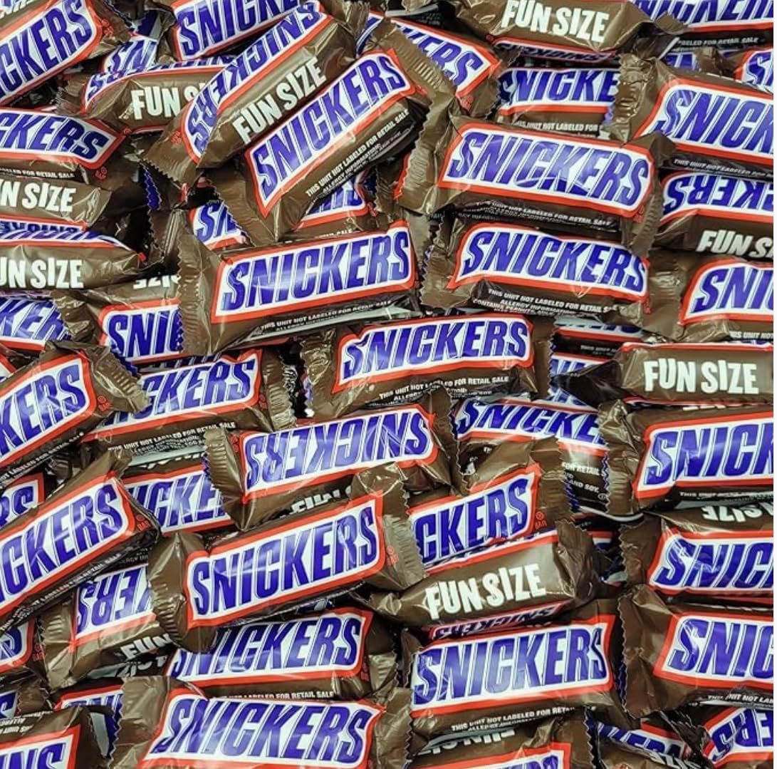 Express Minds Llc Snickers fun size candy bars bulk bag front view showing individually wrapped milk chocolates.