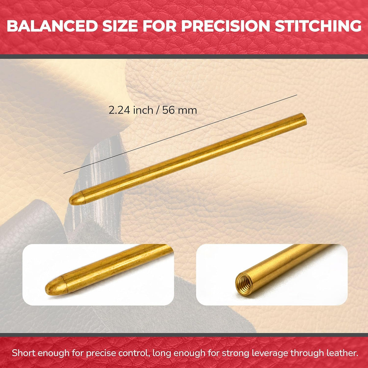 Brass threaded lacing needle angled perspective