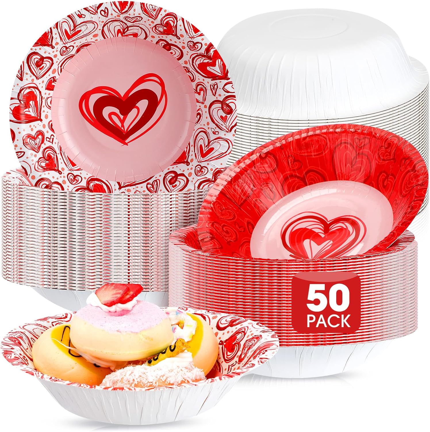 Sunnychicc Valentine's Day Paper Bowls 50 Count front view featuring red heart patterns.