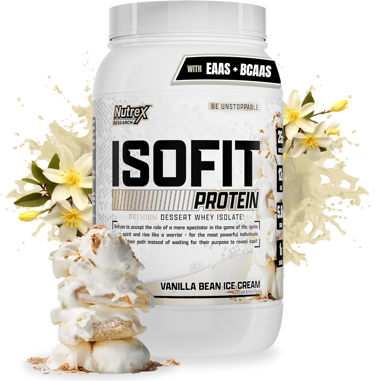 Nutrex Research IsoFit Whey Protein Isolate Vanilla Bean Ice Cream front tub view