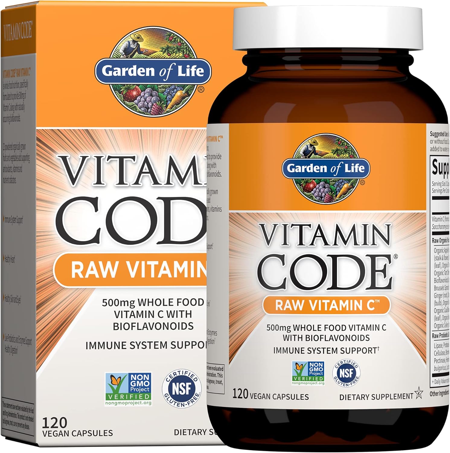 Garden of Life Vitamin Code Raw Vitamin C 120 capsules front view showing whole food immune support bottle label