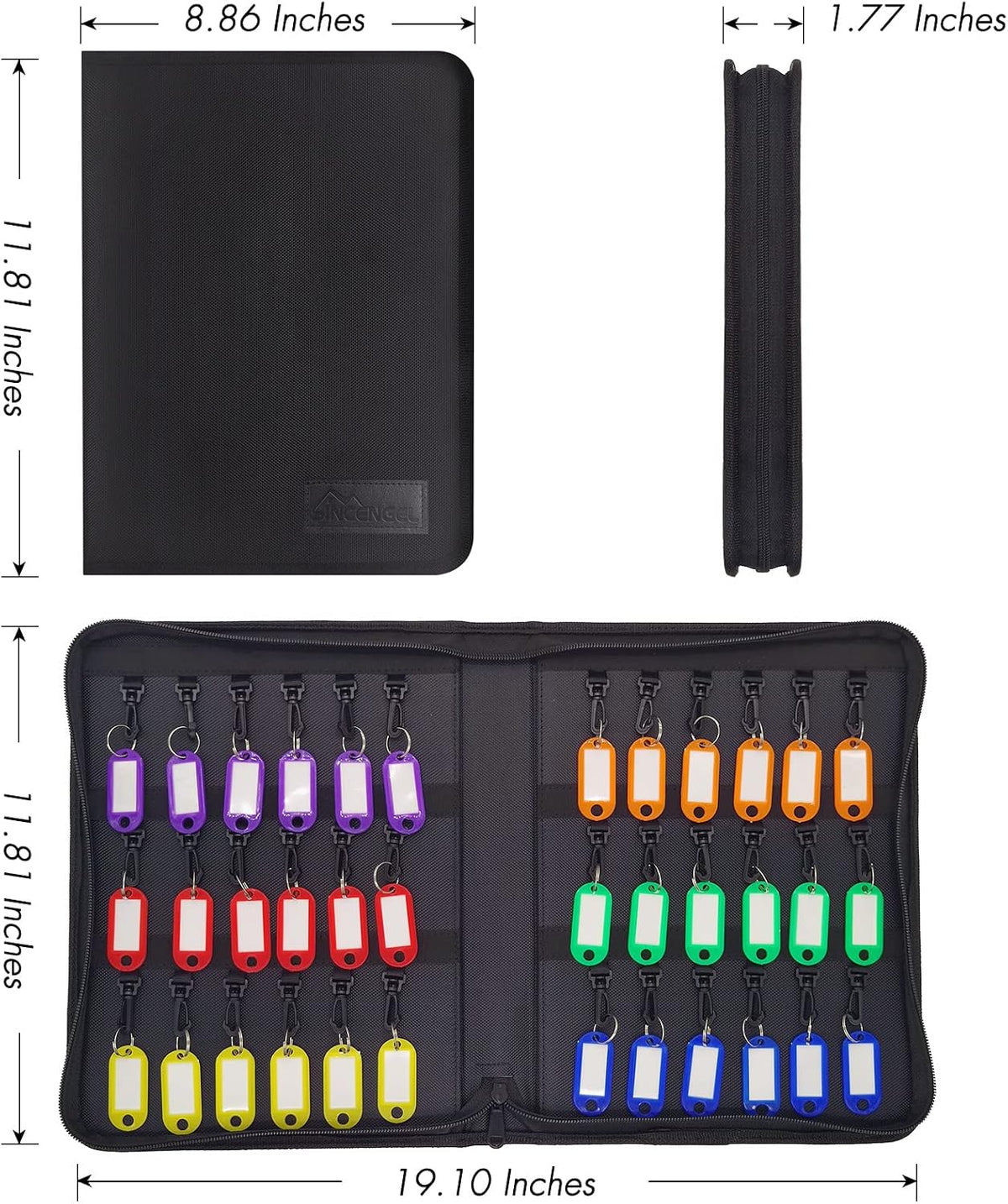 Close up of 360 degree rotating plastic key hooks and tags