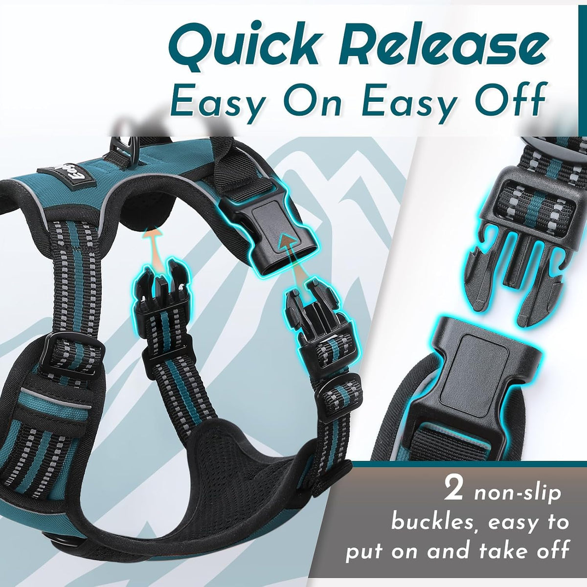 Eagloo dog walking harness demonstrating quick-release buckles