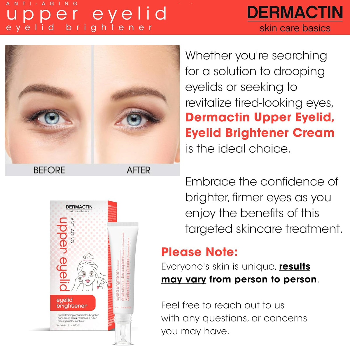 Dermactin Upper Eyelid Cream 1 oz. Firms & Tones Sagging & Drooping Skin On Upper Eye Lids, for Younger, More Vibrant & Alert Appearance, for Sensitive Skin In The Eyelids - Image 3